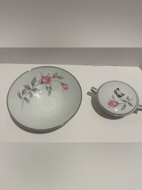 Noritake White China Bowl and Covered Dish with Pink Rose Motif